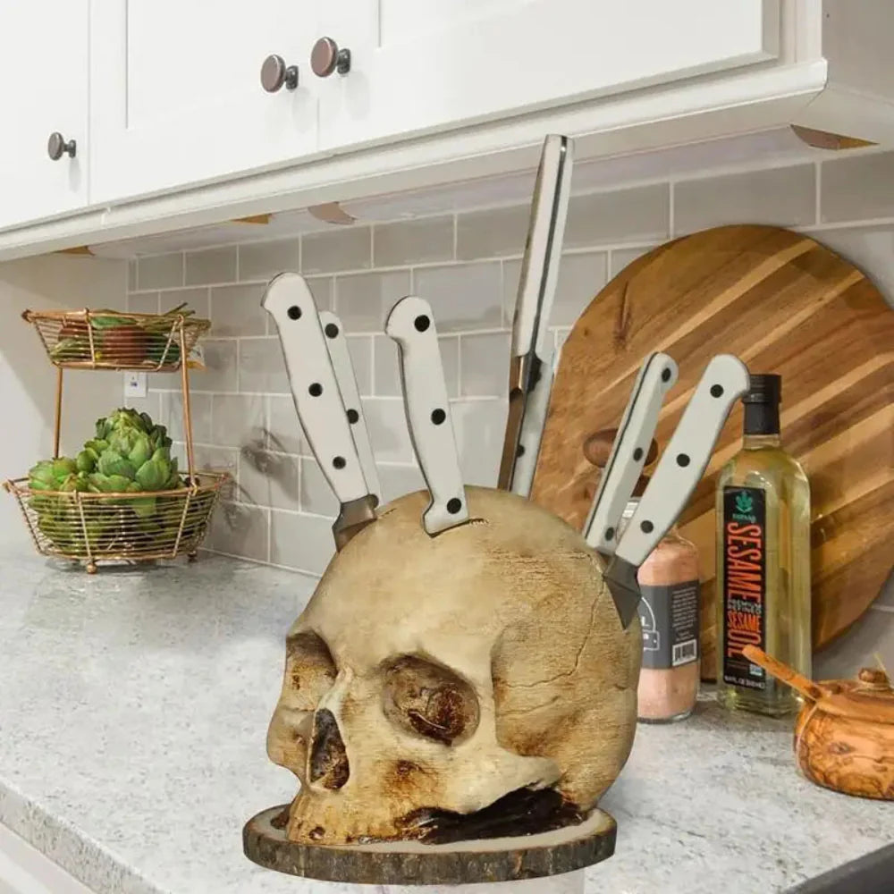 Gothic Skull Knife Holder - Hand-Painted Resin Kitchen Decor for Up to 7 Knives 4