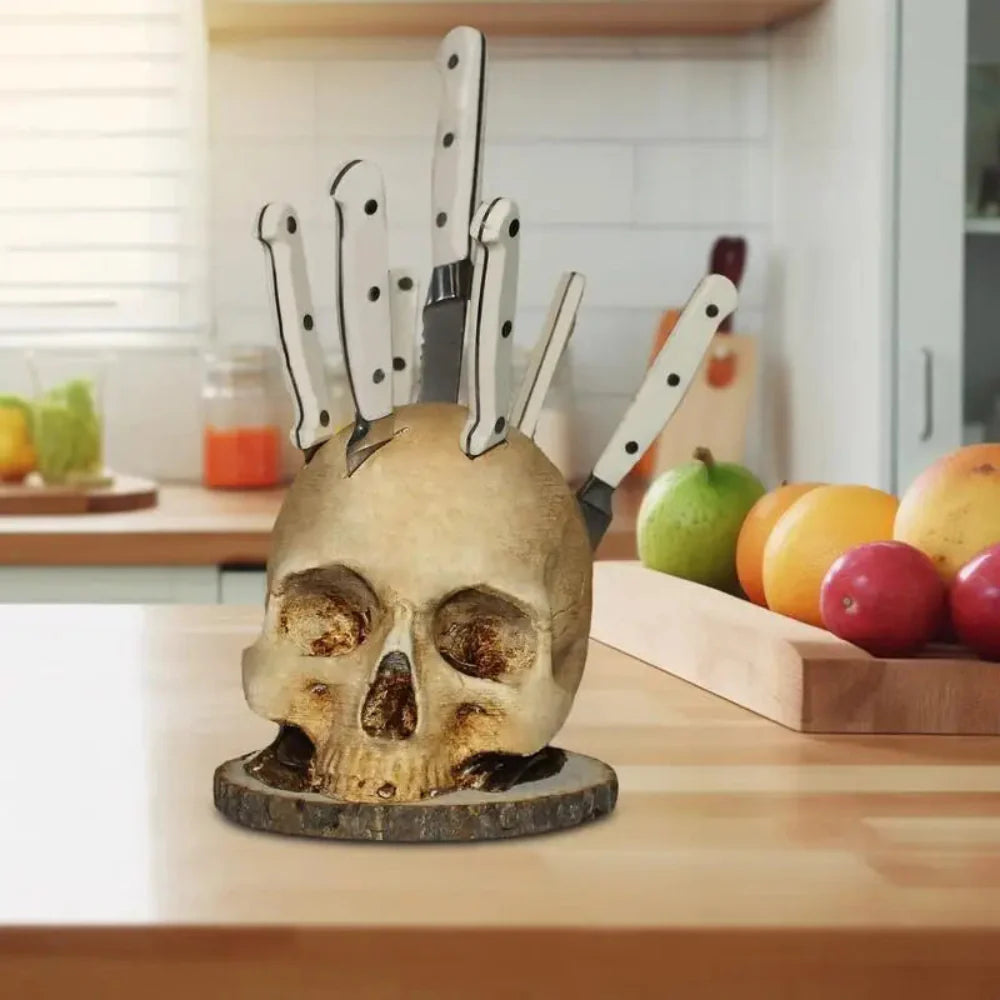 Gothic Skull Knife Holder - Hand-Painted Resin Kitchen Decor for Up to 7 Knives 9