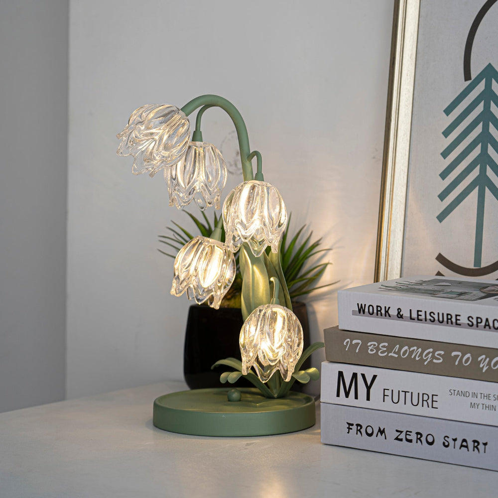 Botanical Table Lamp with Green Glass Petals – Elegant Nightstand or Desk Lamp for Modern Home Decor 18
