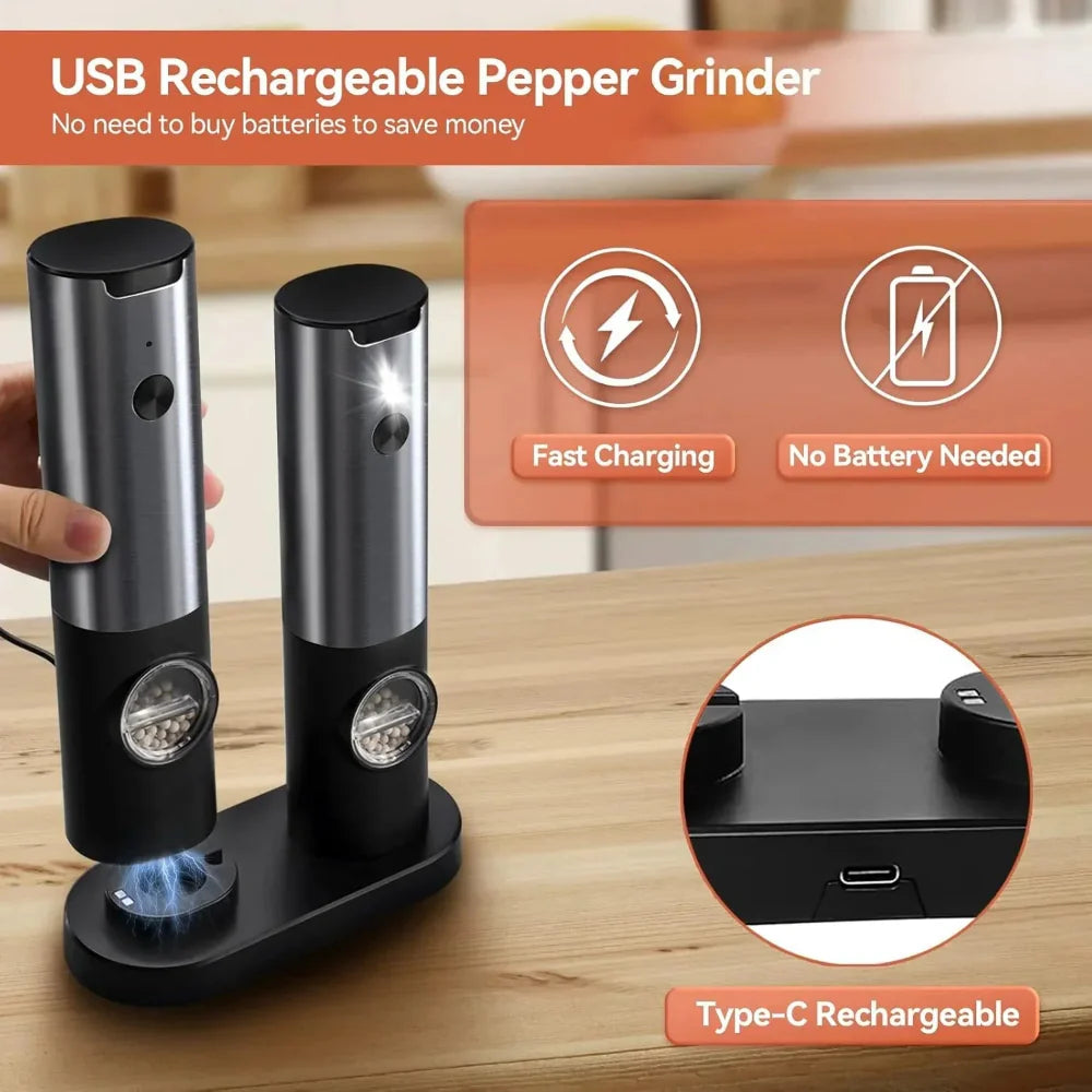 Rechargeable Electric Salt and Pepper Grinder Set with Adjustable Coarseness and LED Light 6
