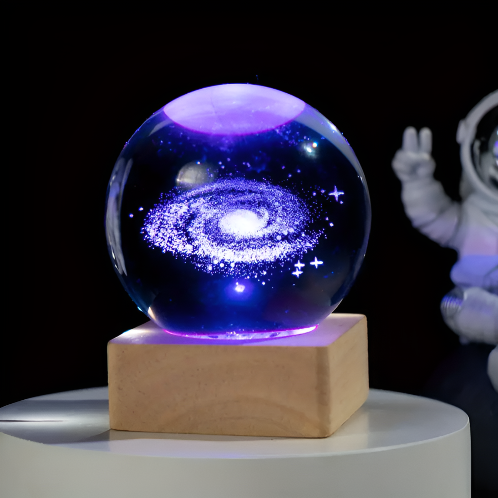 3D Cosmic LED Crystal Ball – Magical Home Lighting with Wood and Glass Design 4