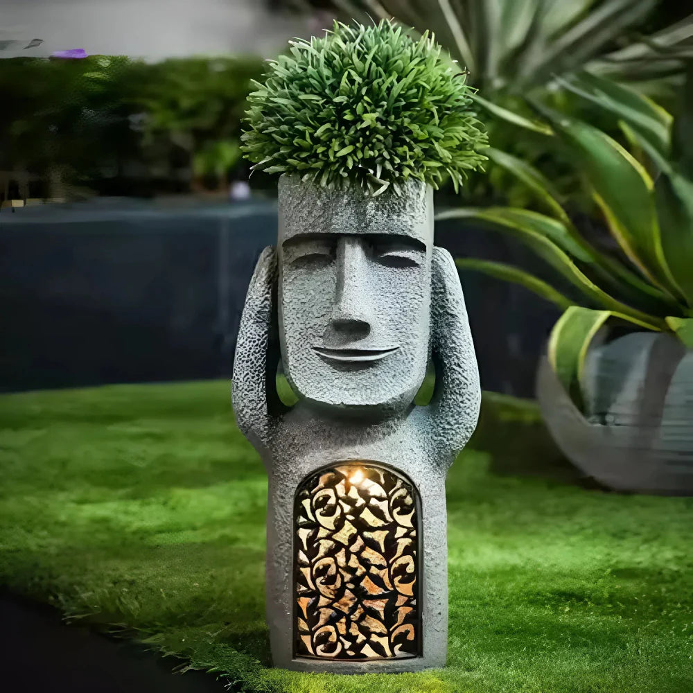 Solar LED Face Planter - Artistic Outdoor Planter with Warm Light for Garden and Patio 2