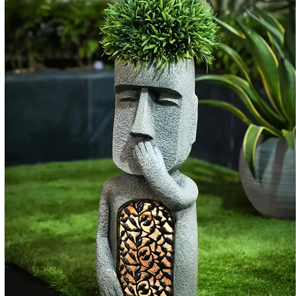 Solar LED Face Planter - Artistic Outdoor Planter with Warm Light for Garden and Patio 3
