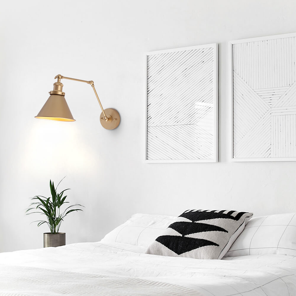 Mid-Century Modern Adjustable Wall Light with Brass Arm and Black Shade 5