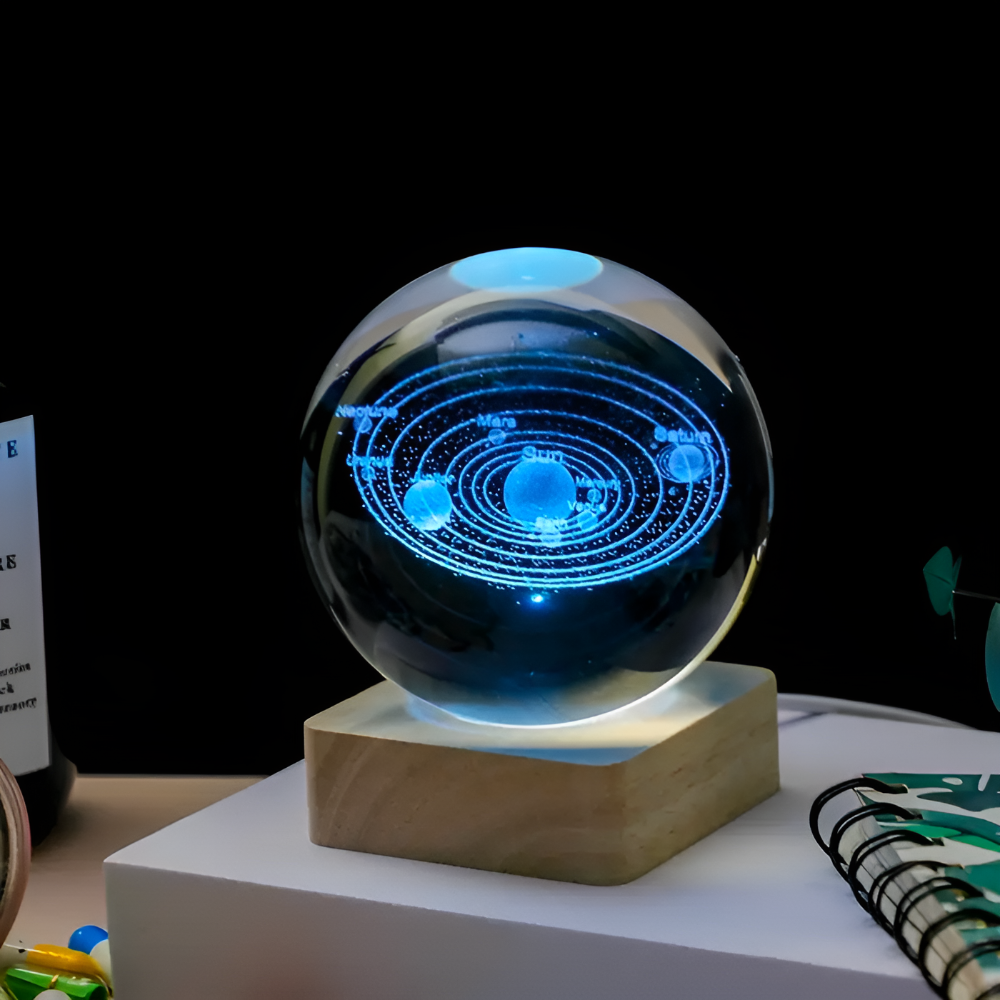3D Cosmic LED Crystal Ball – Magical Home Lighting with Wood and Glass Design 5
