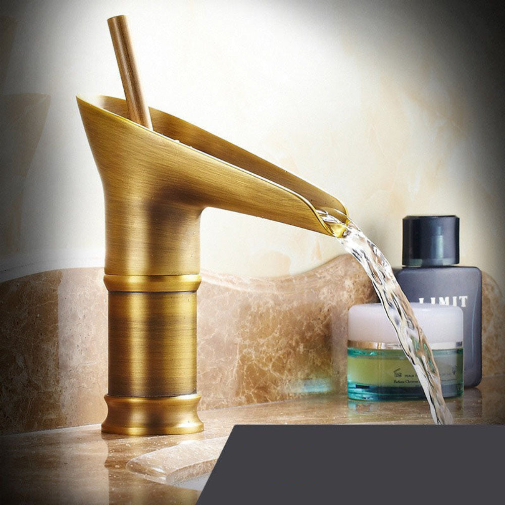 Antique Waterfall Bathroom Faucet – Brass Single Handle Sink Mixer with Elegant Design 6