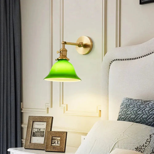 Vintage Green Glass Lampshade with Adjustable Arm and Brass Accents 1