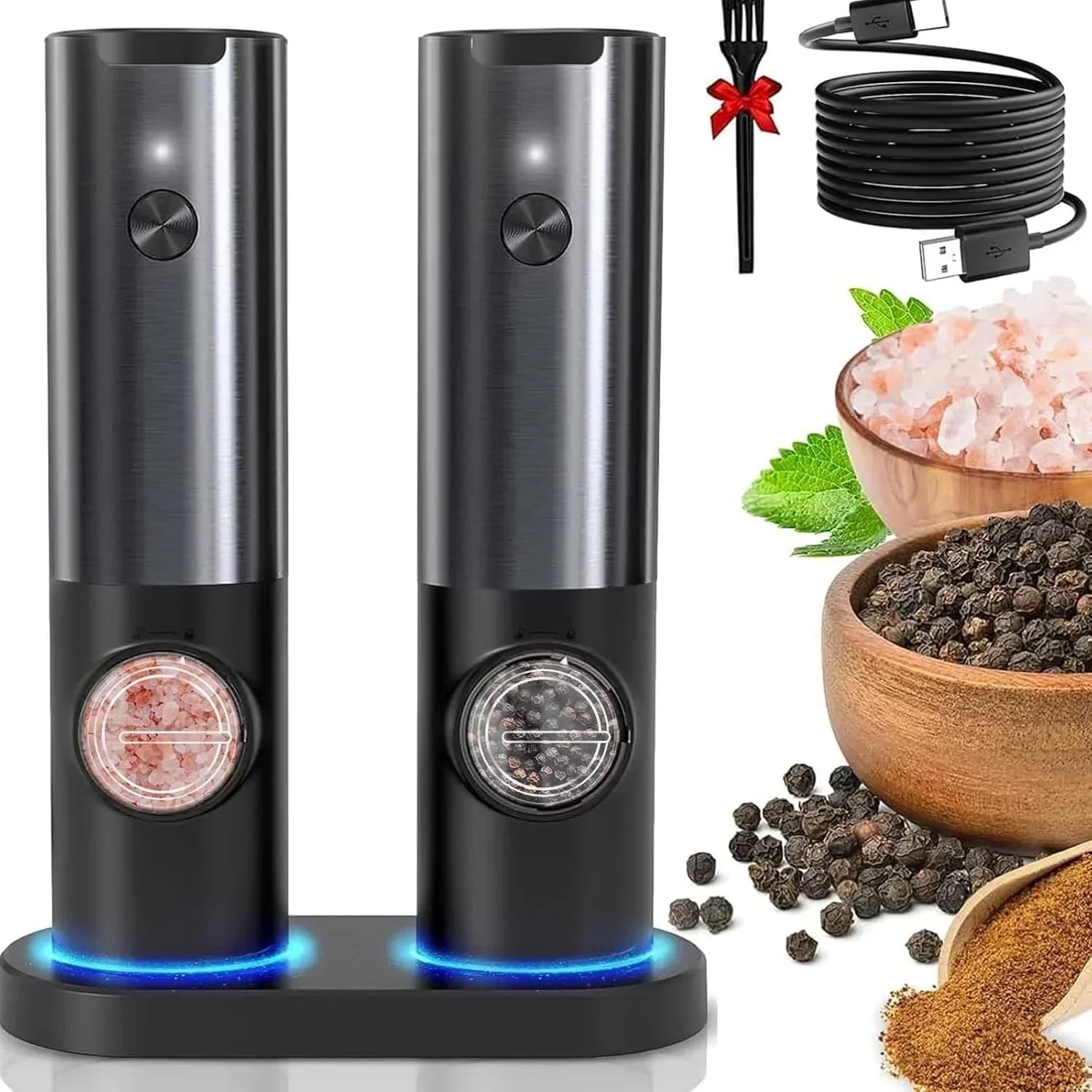 Rechargeable Electric Salt and Pepper Grinder Set with Adjustable Coarseness and LED Light 7