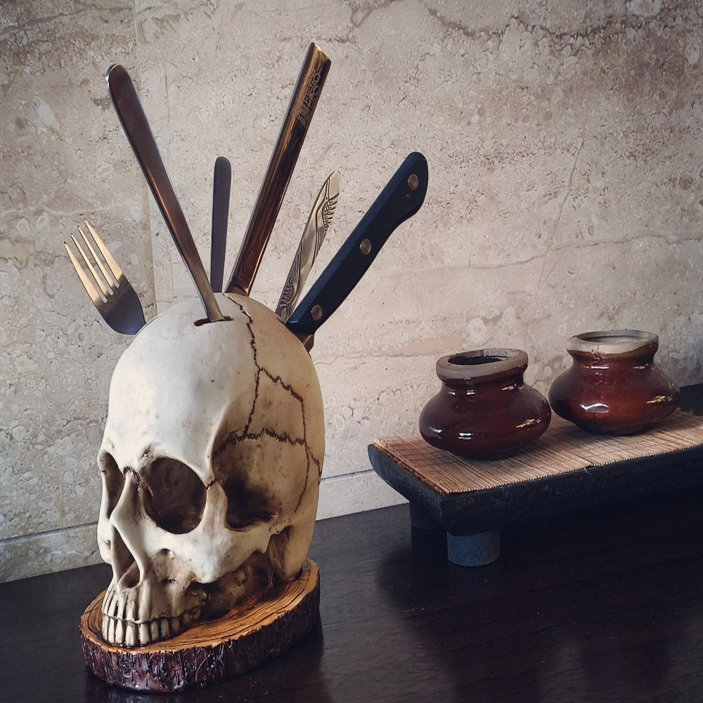 Gothic Skull Knife Holder - Hand-Painted Resin Kitchen Decor for Up to 7 Knives 12