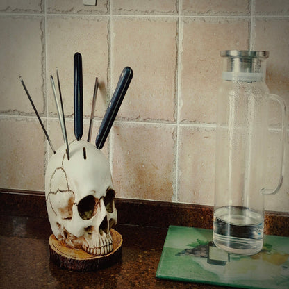 Gothic Skull Knife Holder - Hand-Painted Resin Kitchen Decor for Up to 7 Knives 10