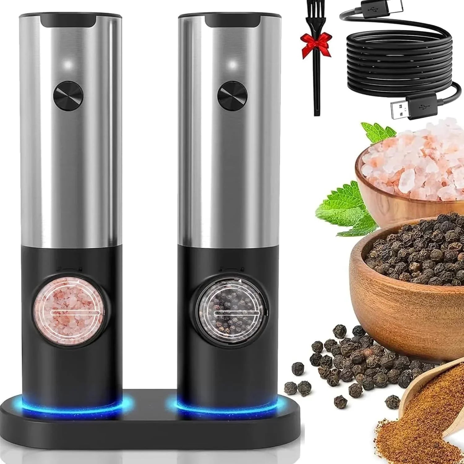 Rechargeable Electric Salt and Pepper Grinder Set with Adjustable Coarseness and LED Light 8