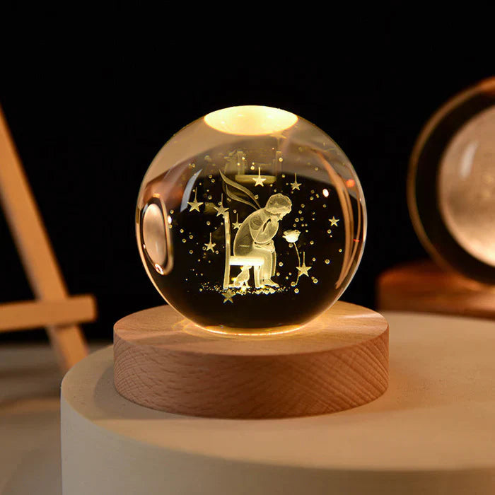 Illuminated Crystal Ball Night Light with Natural Wood Base – Warm White LED for Relaxation and Meditation 50