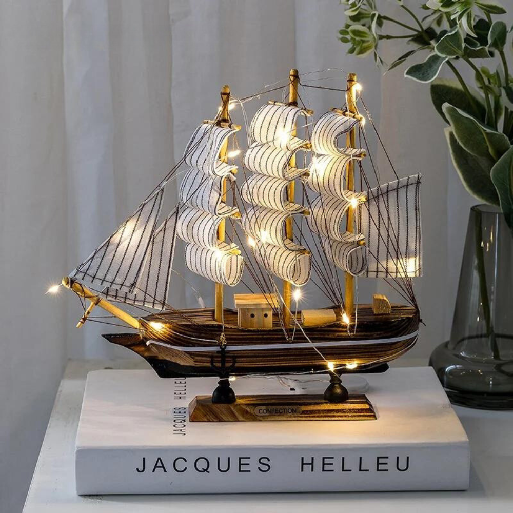 Wooden Sailboat Sculpture with LED Light – Nordic Design Home Decor Accent 1