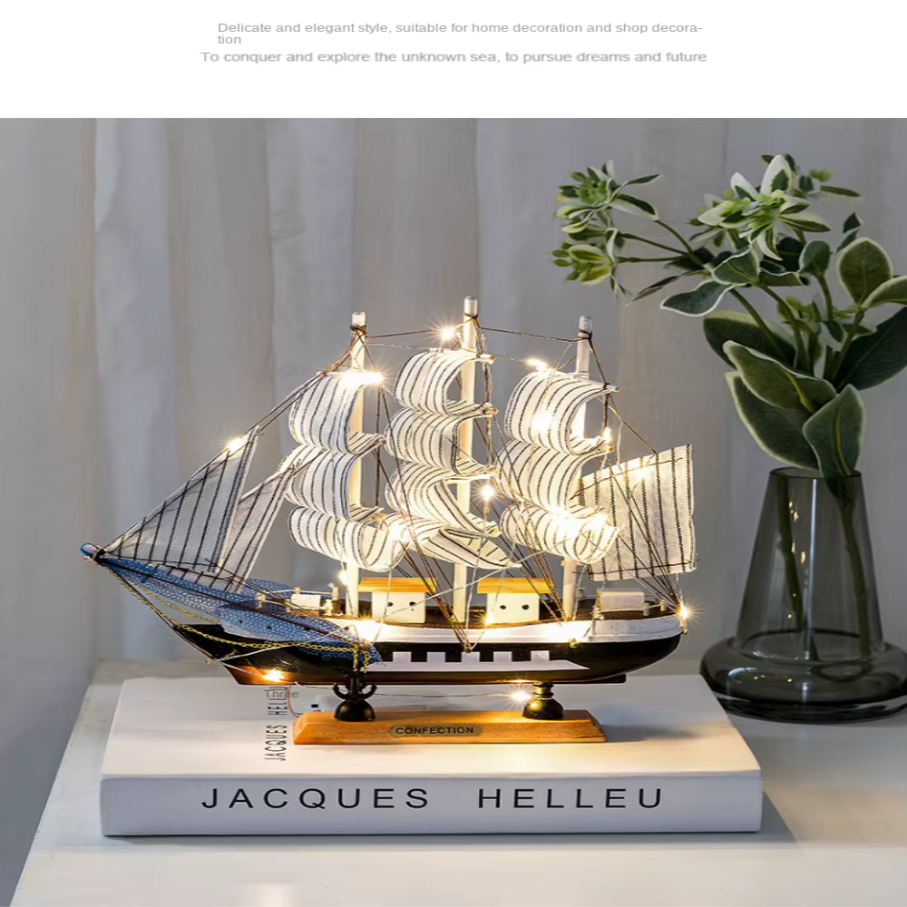 Wooden Sailboat Sculpture with LED Light – Nordic Design Home Decor Accent 10