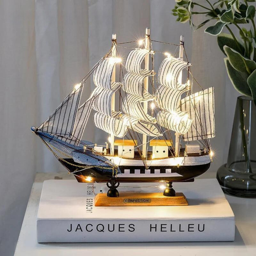 Wooden Sailboat Sculpture with LED Light – Nordic Design Home Decor Accent 3