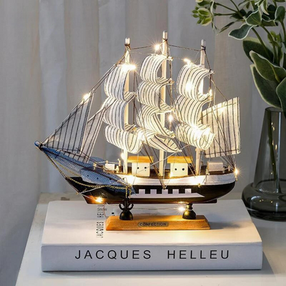 Wooden Sailboat Sculpture with LED Light – Nordic Design Home Decor Accent 3