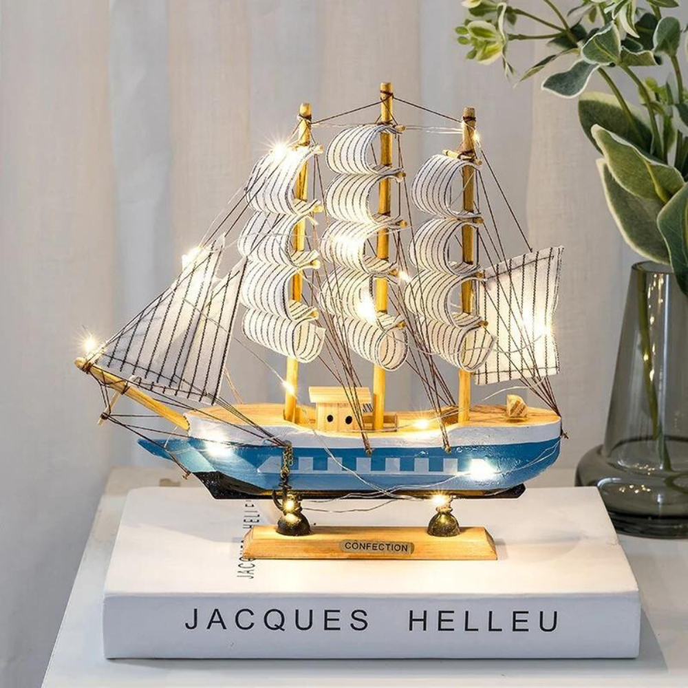 Wooden Sailboat Sculpture with LED Light – Nordic Design Home Decor Accent 4