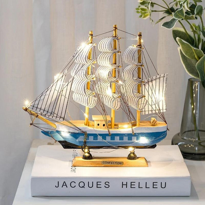 Wooden Sailboat Sculpture with LED Light – Nordic Design Home Decor Accent 4