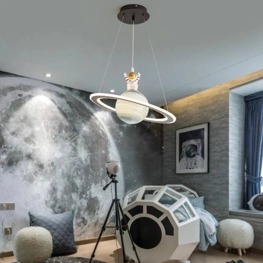 Modern Astronaut Pendant Light - Dimmable Three-Color LED Hanging Light Fixture with Adjustable Cable for Bedroom or Creative Spaces 4