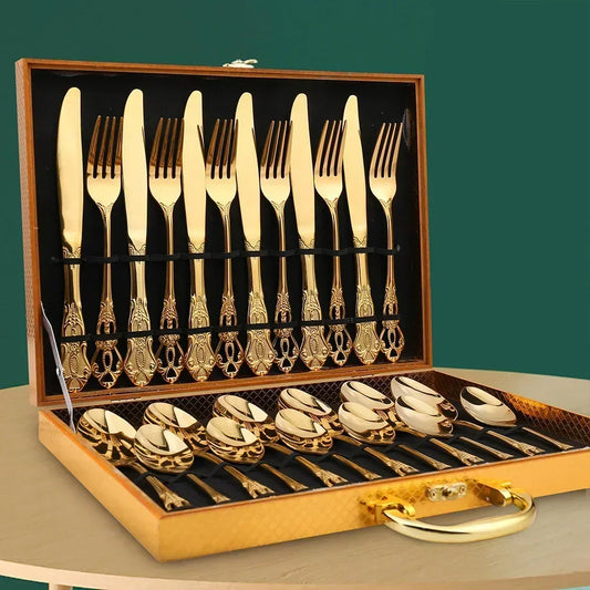 24-Piece Engraved Stainless Steel Cutlery Set for Six – Elegant Gold Finish 1