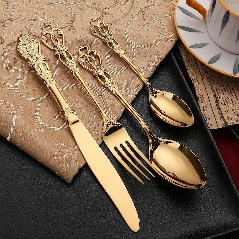 24-Piece Engraved Stainless Steel Cutlery Set for Six – Elegant Gold Finish 3