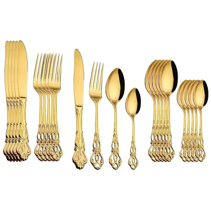 24-Piece Engraved Stainless Steel Cutlery Set for Six – Elegant Gold Finish 7
