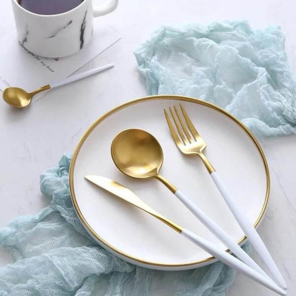 Modern Gold Flatware Set with Matte White Handles – 16-Piece Stainless Steel Cutlery Set 2