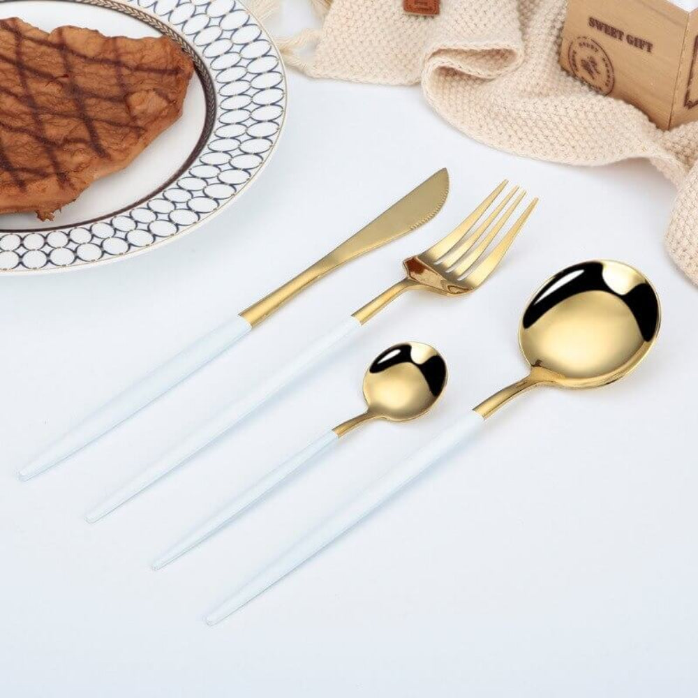 Modern Gold Flatware Set with Matte White Handles – 16-Piece Stainless Steel Cutlery Set 3