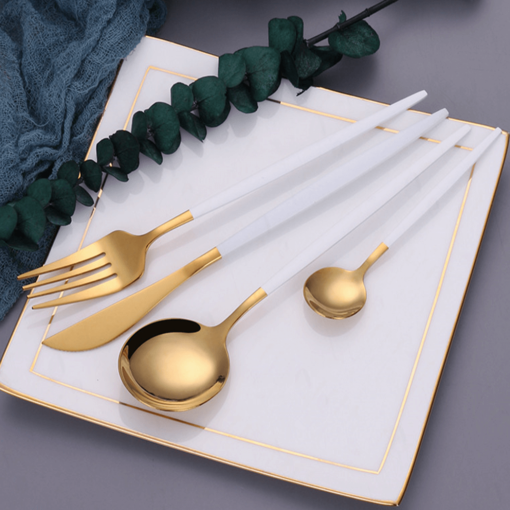 Modern Gold Flatware Set with Matte White Handles – 16-Piece Stainless Steel Cutlery Set 5