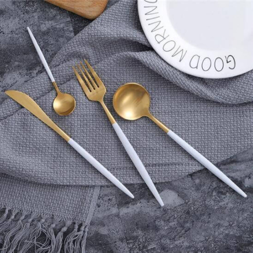 Modern Gold Flatware Set with Matte White Handles – 16-Piece Stainless Steel Cutlery Set 7