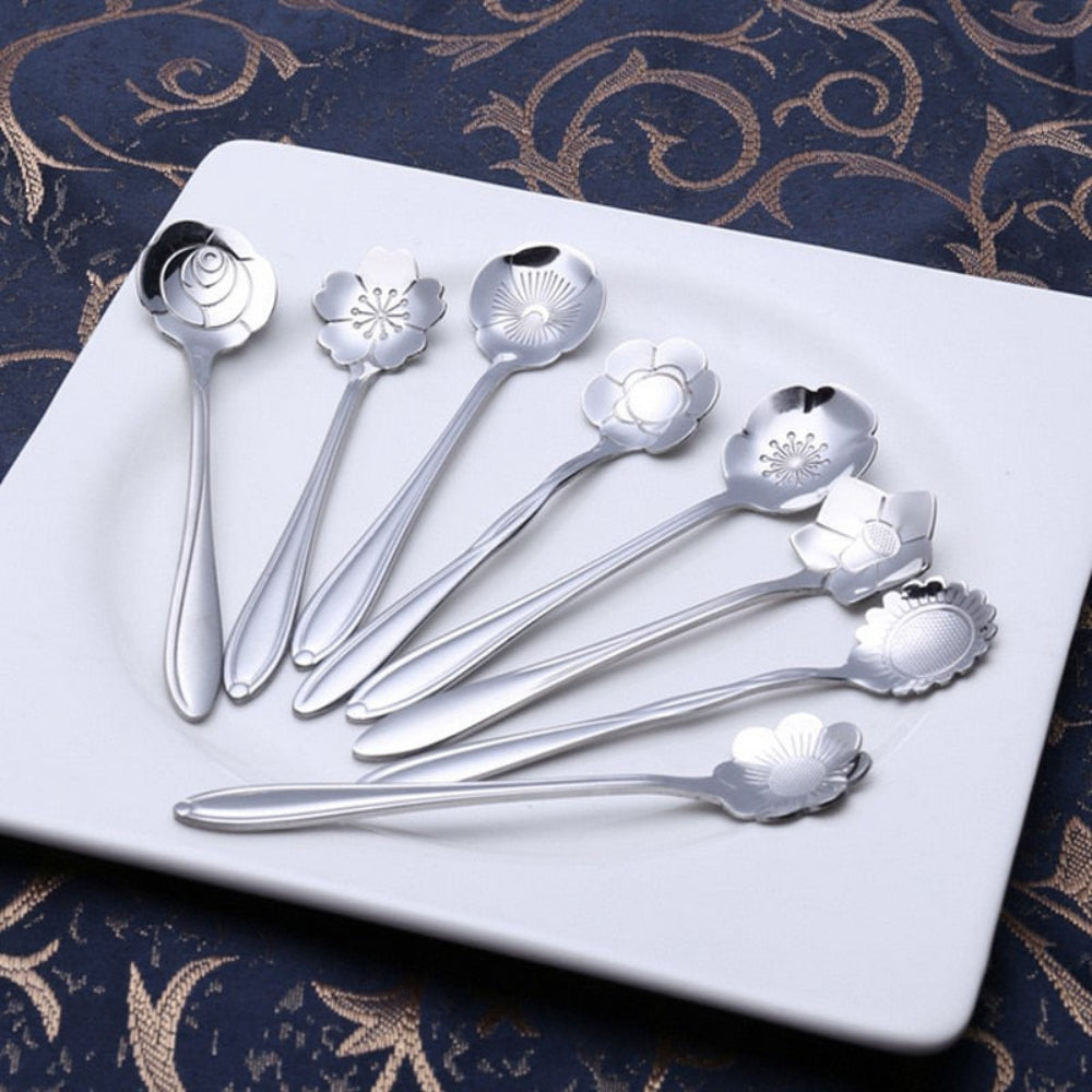 Elegant Stainless Steel Floral Teaspoon Set – 8 Unique Designs for Tea, Coffee, and Desserts 2