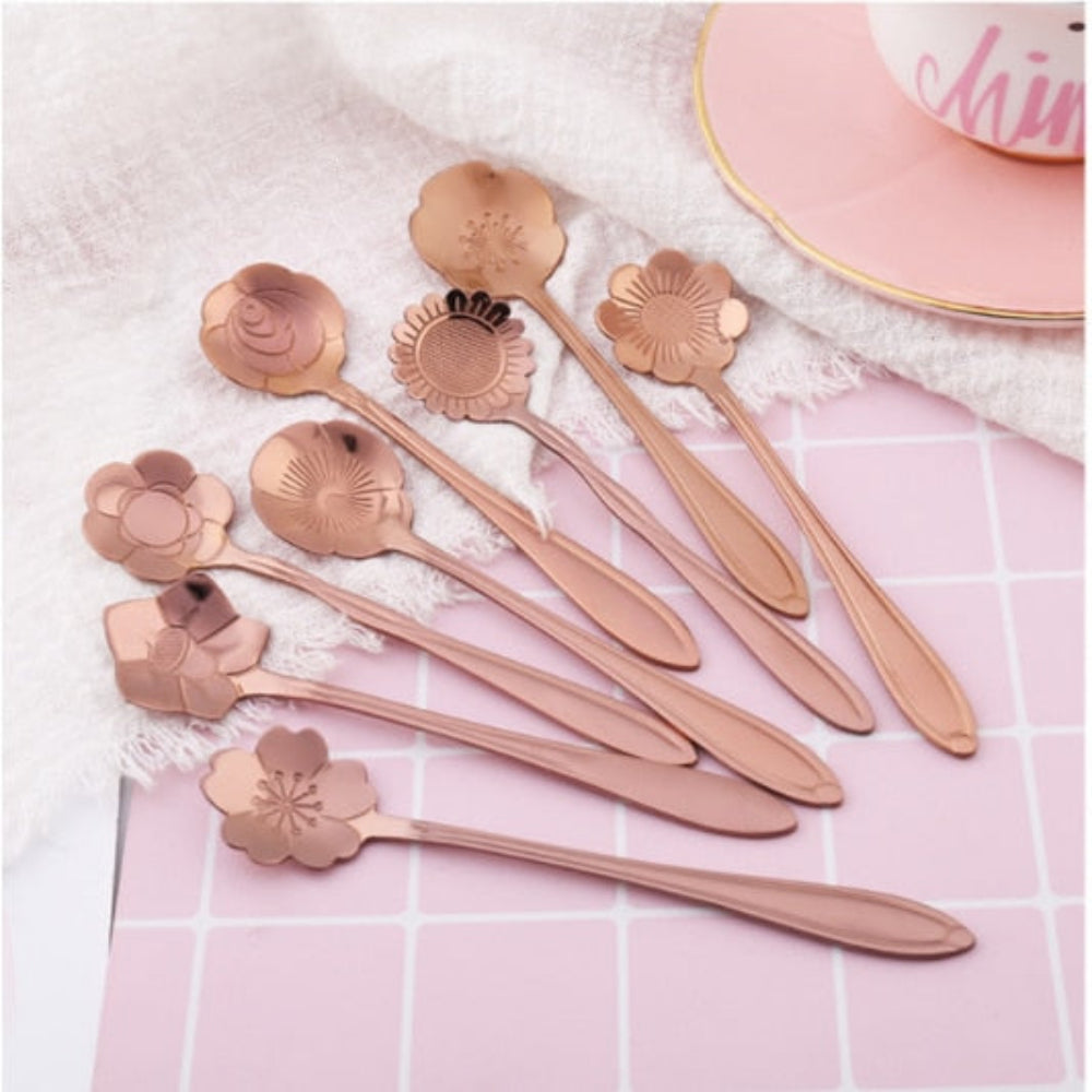 Elegant Stainless Steel Floral Teaspoon Set – 8 Unique Designs for Tea, Coffee, and Desserts 3