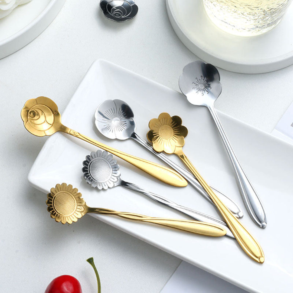 Elegant Stainless Steel Floral Teaspoon Set – 8 Unique Designs for Tea, Coffee, and Desserts 8