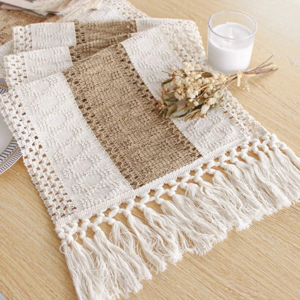 Handcrafted Boho Table Runner – Natural Cotton, Linen, and Polyester Blend for Rustic and Modern Decor 4