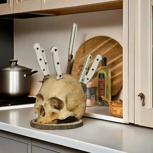 Gothic Skull Knife Holder - Hand-Painted Resin Kitchen Decor for Up to 7 Knives 1