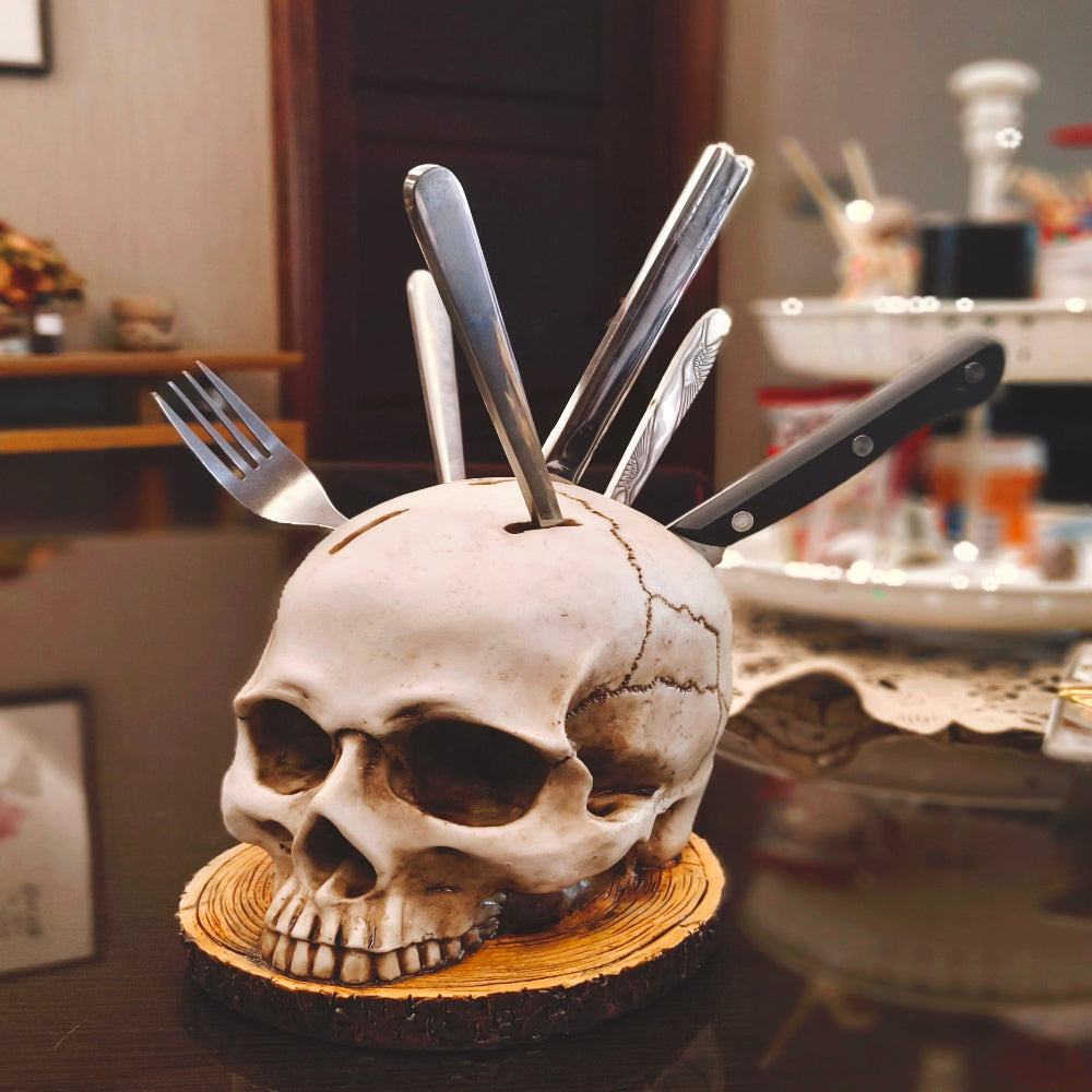 Gothic Skull Knife Holder - Hand-Painted Resin Kitchen Decor for Up to 7 Knives 3