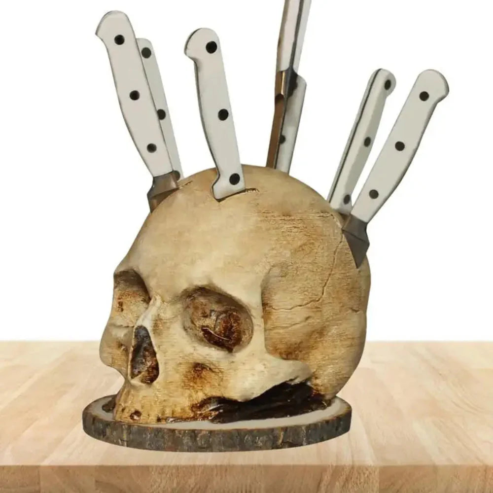 Gothic Skull Knife Holder - Hand-Painted Resin Kitchen Decor for Up to 7 Knives 5