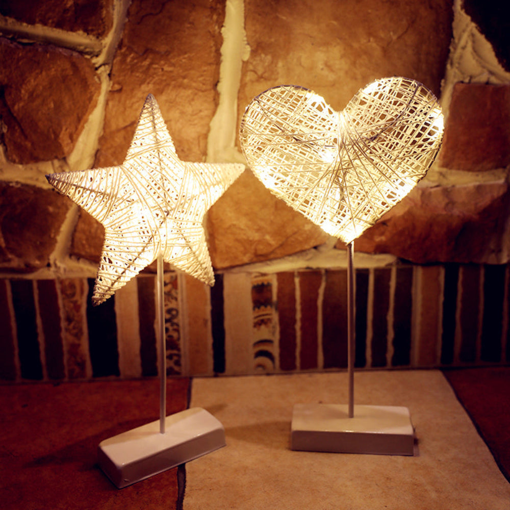 Sculptural LED Table Lamps in Star, Moon, and Heart Shapes – Battery Operated Rattan and Copper Wire Design 2