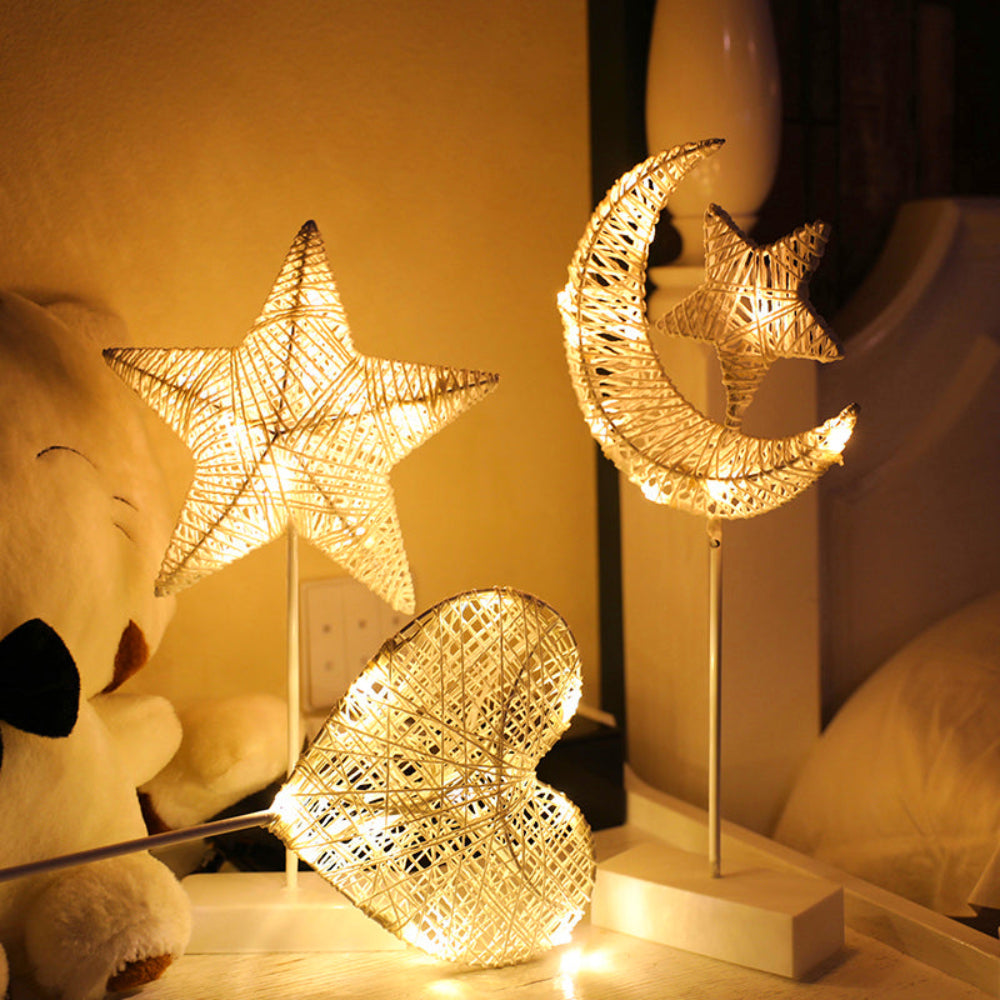 Sculptural LED Table Lamps in Star, Moon, and Heart Shapes – Battery Operated Rattan and Copper Wire Design 3