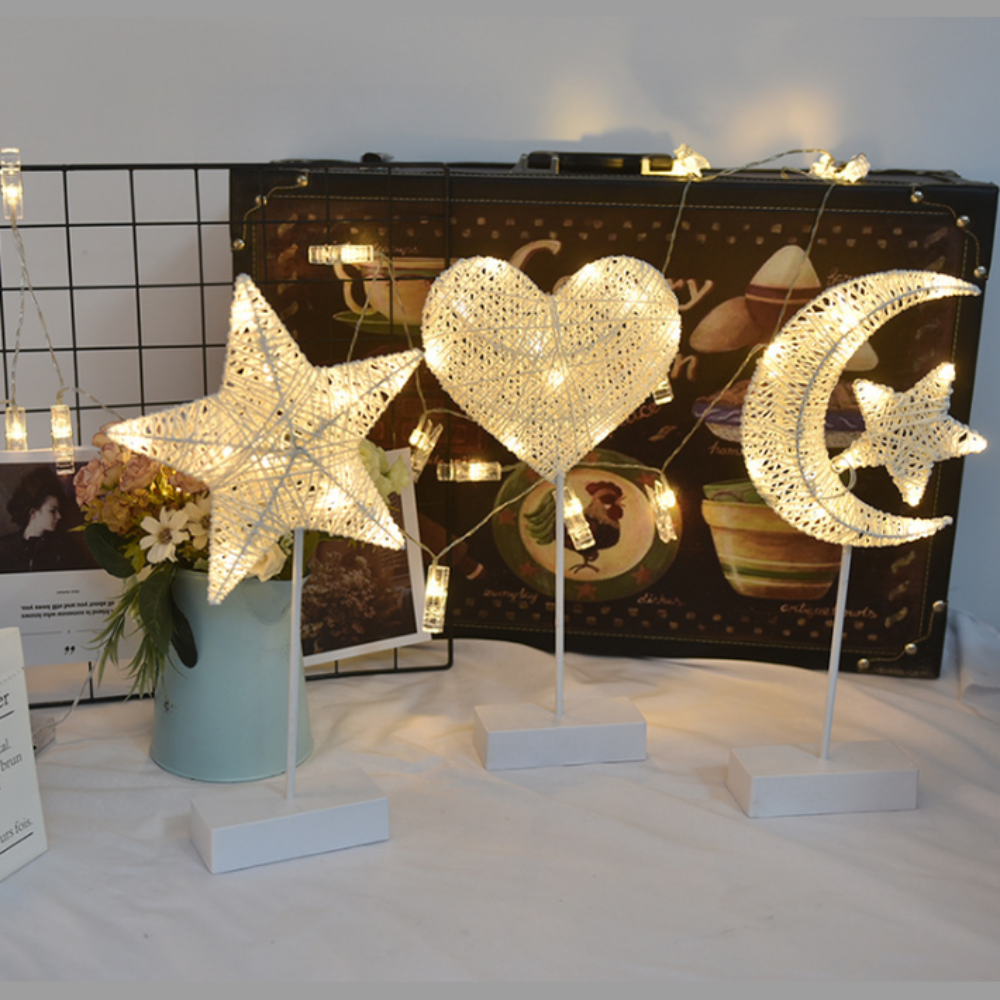 Sculptural LED Table Lamps in Star, Moon, and Heart Shapes – Battery Operated Rattan and Copper Wire Design 5