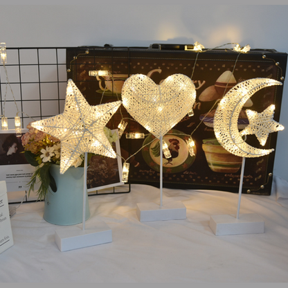 Sculptural LED Table Lamps in Star, Moon, and Heart Shapes – Battery Operated Rattan and Copper Wire Design 5