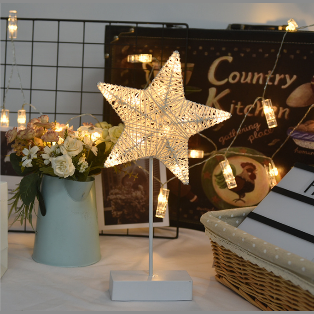 Sculptural LED Table Lamps in Star, Moon, and Heart Shapes – Battery Operated Rattan and Copper Wire Design 6