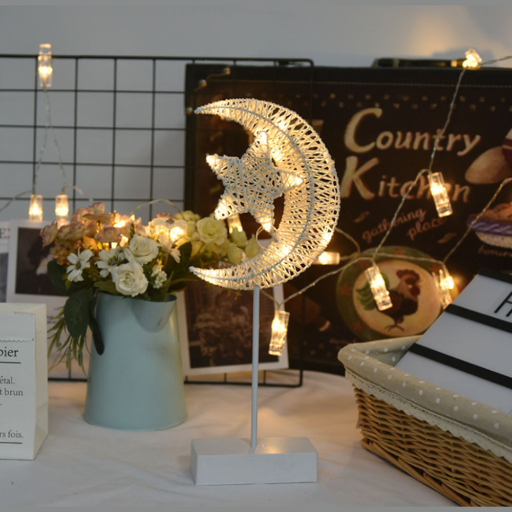Sculptural LED Table Lamps in Star, Moon, and Heart Shapes – Battery Operated Rattan and Copper Wire Design 7