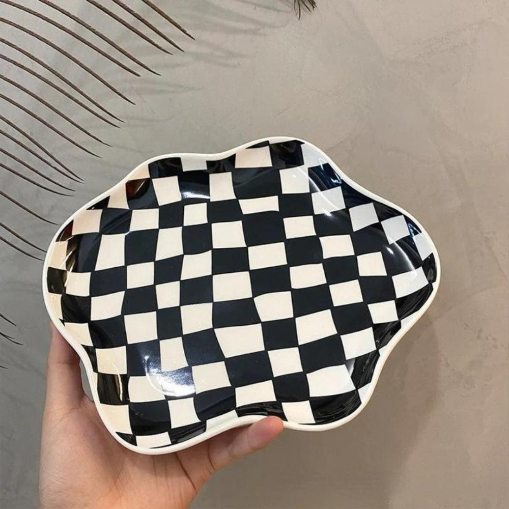 Cloud-Inspired Ceramic Dish with Bold Checkered Pattern – Versatile Decorative Bowl 2