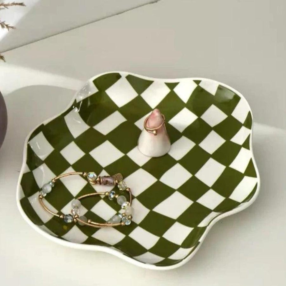 Cloud-Inspired Ceramic Dish with Bold Checkered Pattern – Versatile Decorative Bowl 4