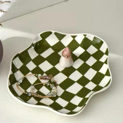 Cloud-Inspired Ceramic Dish with Bold Checkered Pattern – Versatile Decorative Bowl 4