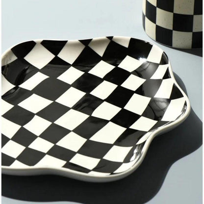 Cloud-Inspired Ceramic Dish with Bold Checkered Pattern – Versatile Decorative Bowl 3