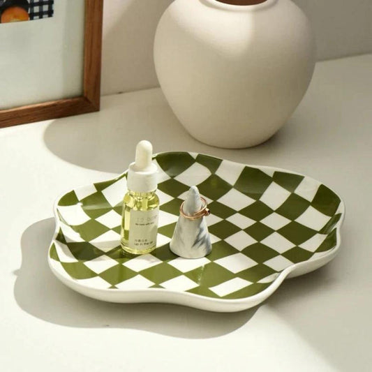 Cloud-Inspired Ceramic Dish with Bold Checkered Pattern – Versatile Decorative Bowl 1