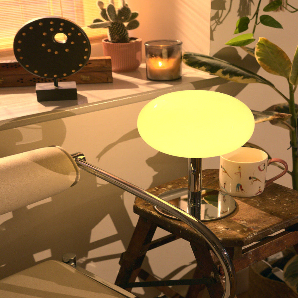 LED Table Lamp with Touch Control and USB Power – Retro-Inspired Glass and Chrome Design 3