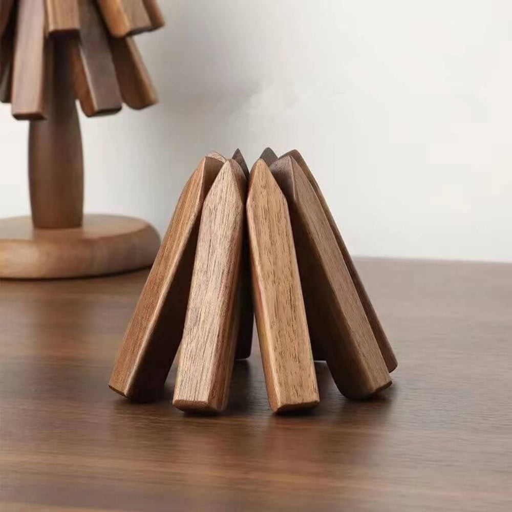 Elegant Wooden Coaster Set with Premium Walnut Stand for Pots and Cups 12